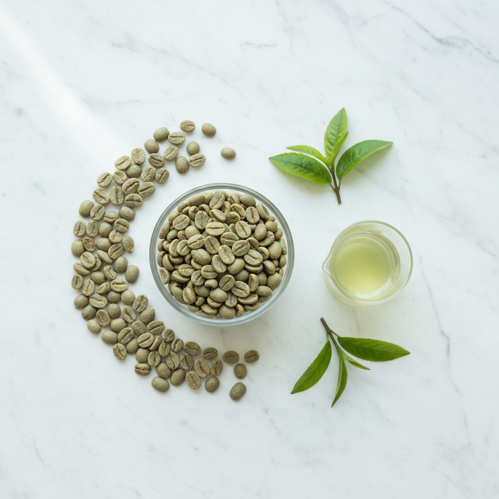 حبوب القهوة الخضراء الطبيعية غير المحمصة في وعاء خشبي