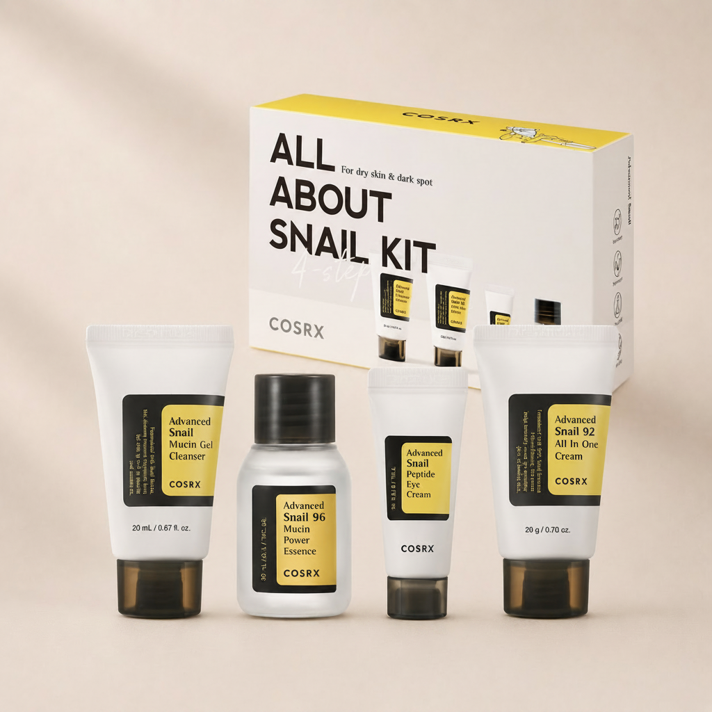مجموعة كوسركس All About Snail للعناية وترطيب البشرة بالحلزون مكونة من 4 منتجات